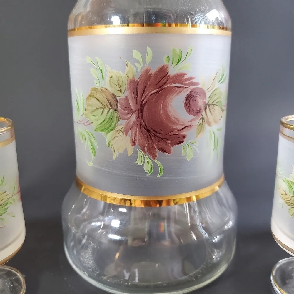 Cristallerie Hand-Painted Decanter & Glass Set MCM 1960s Made in Italy Vintage